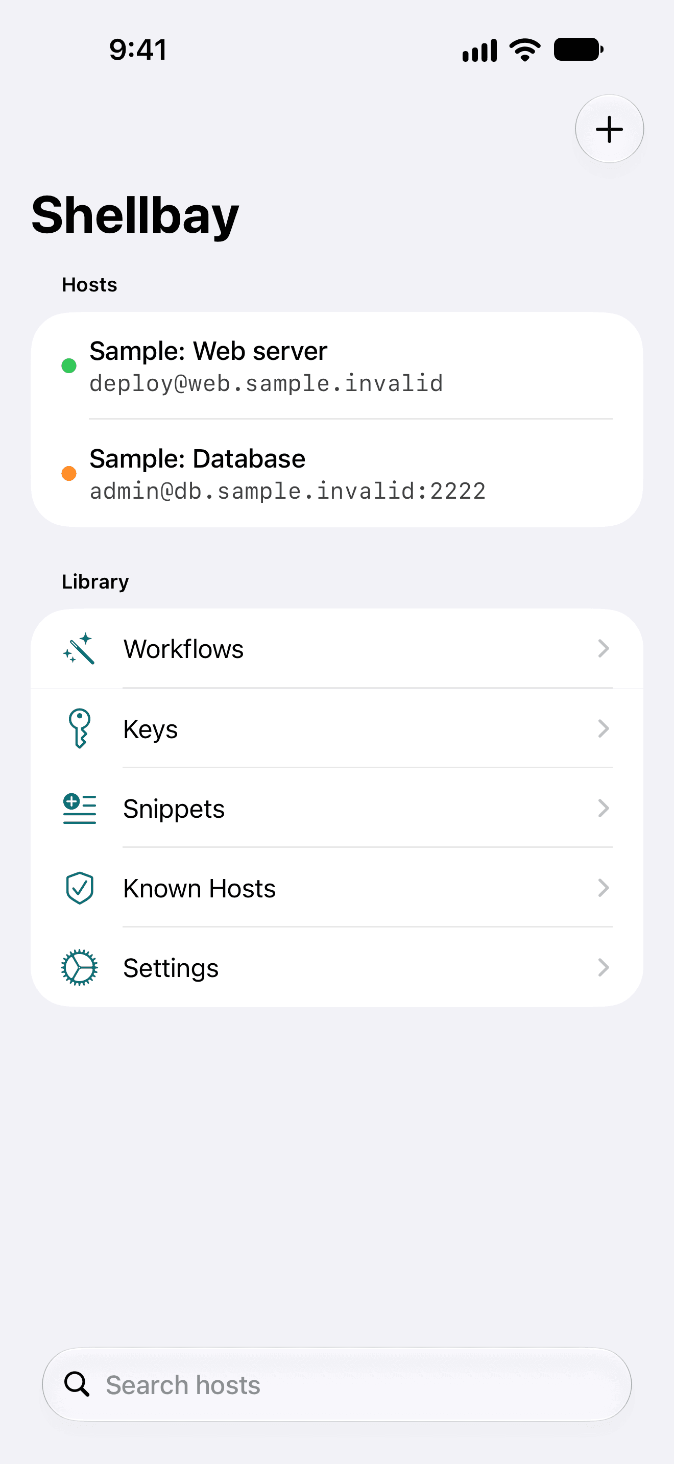 Shellbay on iPhone: a list of two saved hosts, a web server and a database, above Workflows, Keys, Snippets, Known Hosts and Settings.