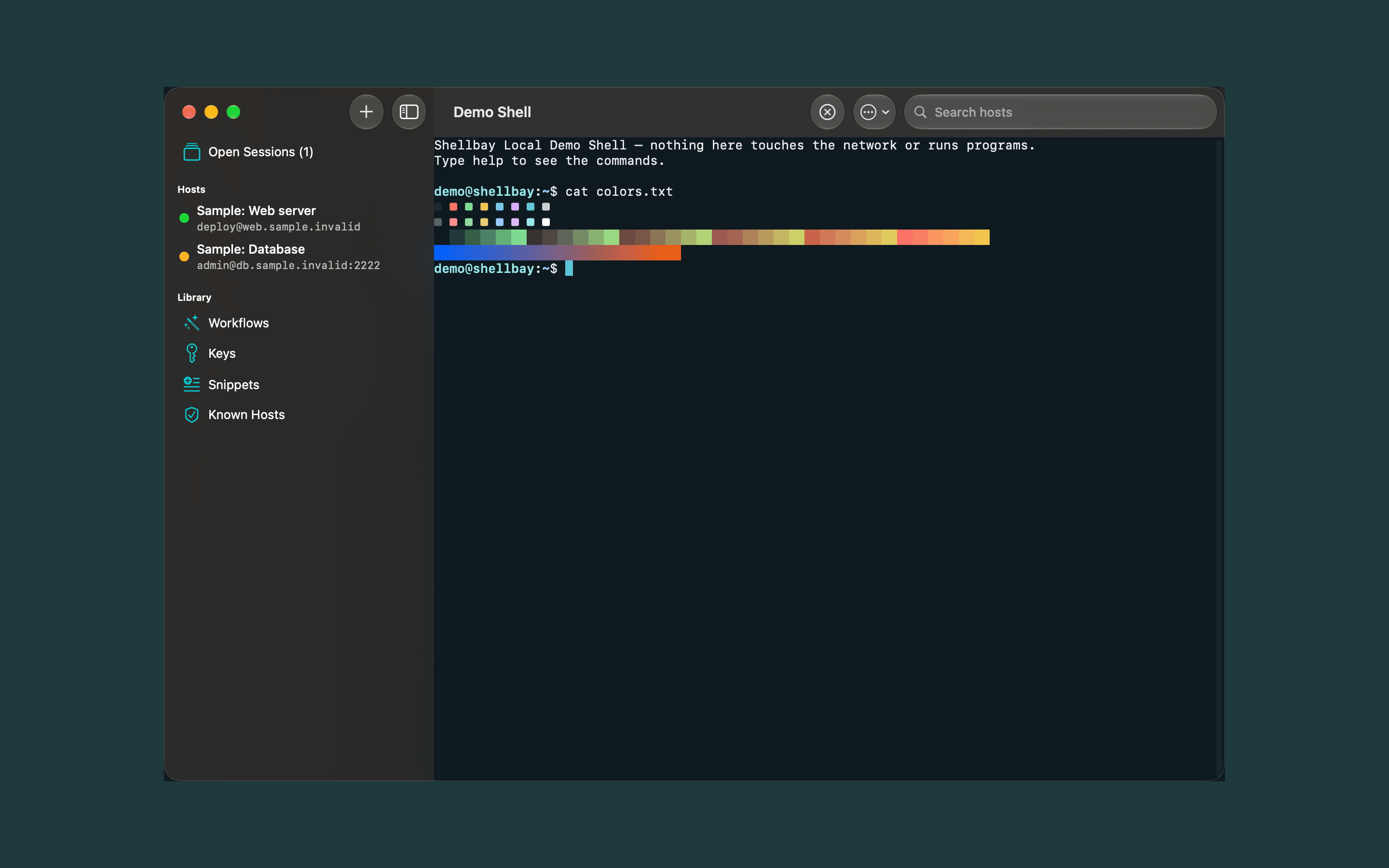 Shellbay on Mac in dark mode: the host sidebar and a terminal session in one window.