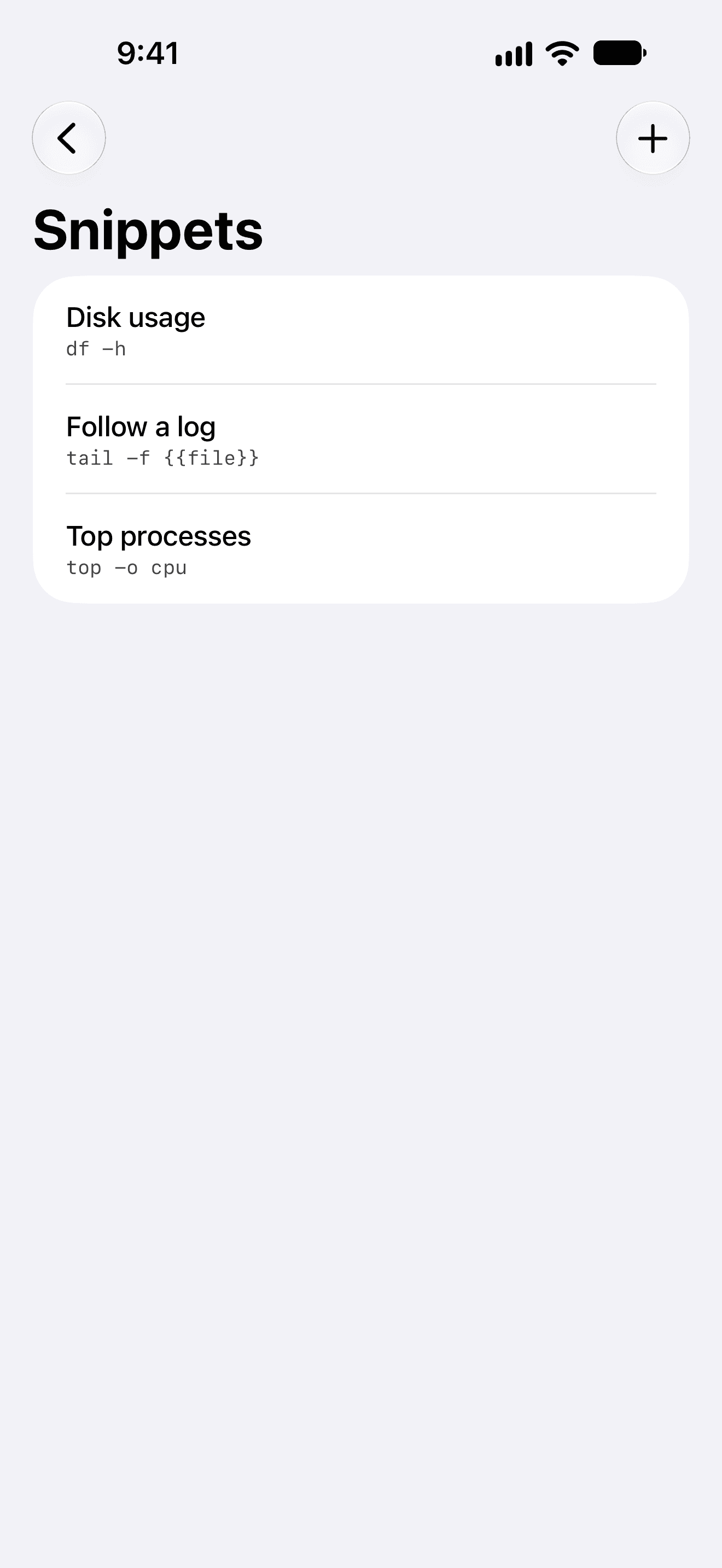 The Snippets screen on iPhone listing Disk usage, Follow a log and Top processes.